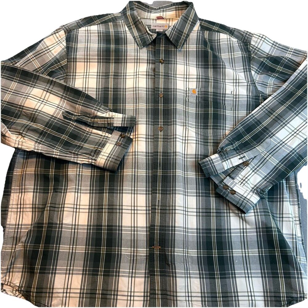 Carhartt Mens Relaxed Fit  Plaid Gray Green Mens Button Flannel Down Sz 3XL